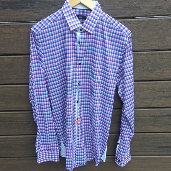 Hugo Boss Men's Slim Fit Purple & White Plaid Shirt - M Like New - Picture 2 of 8